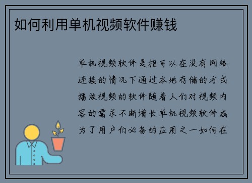 如何利用单机视频软件赚钱